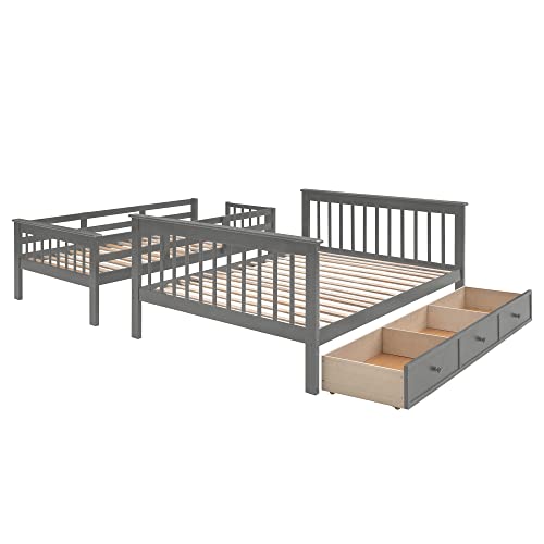 MERITLINE Twin Over Full Bunk Bed with Storage Drawers, Shelves, Guardrails, and Stairs Grey
