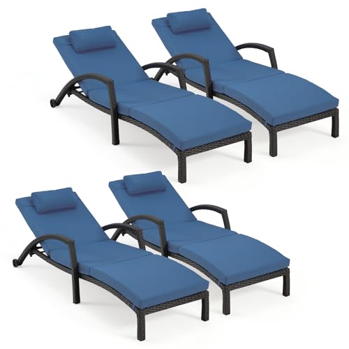 HOMREST Chaise Lounge Chairs Set of 4 PE Rattan Wicker Adjustable Dark Blue