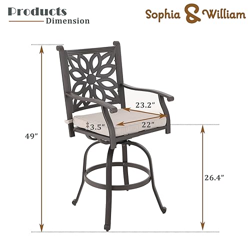 Sophia & William 3 Pieces Cast Aluminum Patio Bar Set with Square Bar Table and 2 Swivel Chairs