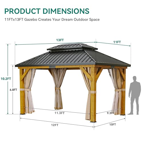 YITAHOME 11x13FT Wooden Frame Gazebo Double Roof Hardtop Canopy with Curtain and Netting Beige Yellow