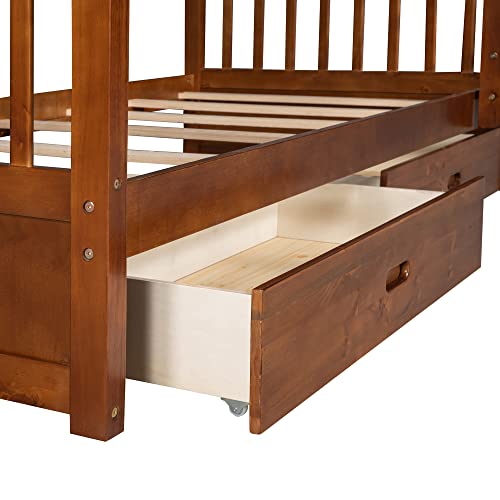 Jintop Twin-Over-Twin Bunk Bed with Ladders & Storage Drawers Walnut