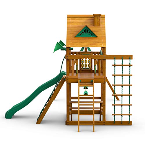 Gorilla Playsets Chateau Swing Set with Wave Slide and Rock Wall Amber
