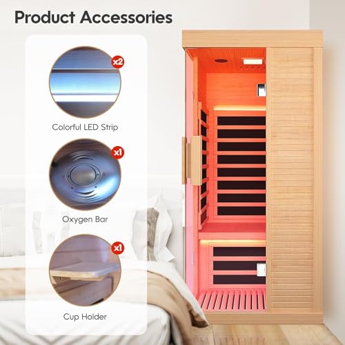 HAOYAYA Indoor Far Infrared Sauna Canadian Hemlock Single Person Spa with Oxygen Bar, 7 Color Therapy, 1420W Low-EMF