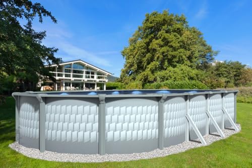 Lake Effect Pools Testudo 18' x 33' Oval Above Ground Swimming Pool | 52" Height | Resin Protected Steel Sided Walls | Bundle with Solid Blue Pattern 20 Gauge Overlap Liner and Widemouth Skimmer