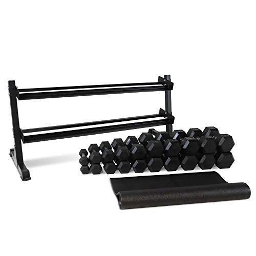 WF Athletic Supply Rubber Coated Hex Dumbbell Set with Rack and Mat - Dumbbells Only 5-50LB with 2-tier Rack and Mat