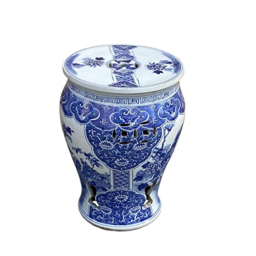 Orientliving Chinese Blue & White Porcelain Flower Birds Small Round Stool Table Blue White