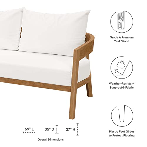 Modway Brisbane Modern Teak Wood Fabric Patio Loveseat Natural White