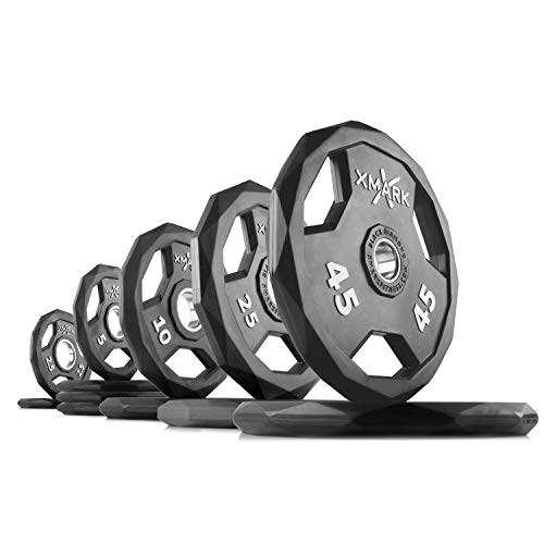 XMark Combo Offer 185 lb Set of Rubber Coated Olympic Weight Plates with 7 ft Deadlift Commercial Olympic Bar Black