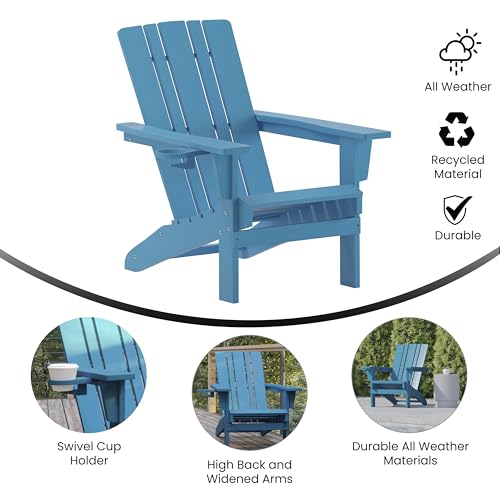 BizChair Adirondack Chairs Set of 4 with Cup Holders, Weather Resistant Poly Resin Blue