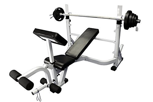 Ader Sporting Goods Olympic Universal Bench with EZ Grip Plates & Bar - White