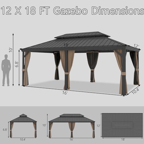Yardsight 12' x 18' Hardtop Gazebo with Aluminum Frame and Steel Double Roof
