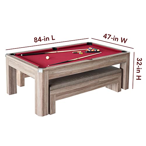 Hathaway Newport 7-ft Pool Table Tennis Combination with Dining Top, Two Storage Benches - Woodtone
