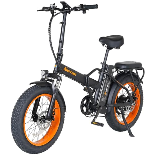 Narrak Fat Tire Folding Electric Bike 48V 624Wh Lithium Removable Battery Peak 1100W Brushless Motor Max Speed 28Mph M5 Large LCD Display Suspension Step-Over Frame for Adults Black/Orange