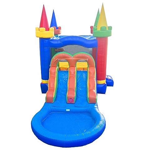 Pogo Bounce House Inflatable Castle Combo with Slide and Water Pool Rainbow