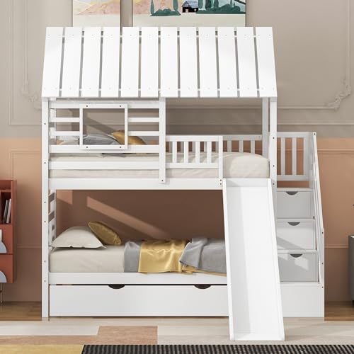 Polibi Twin-Over-Twin Bunk Bed with Storage, Trundle & Slide White