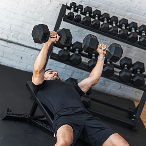 Lifeline Hex Rubber Dumbbell Set with Weight Rack Black