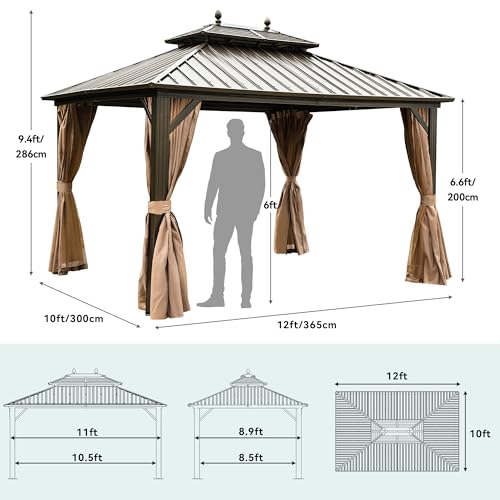 YITAHOME 10x12ft Hardtop Gazebo with Nettings & Curtains, Double Roof Galvanized Steel, Bronze