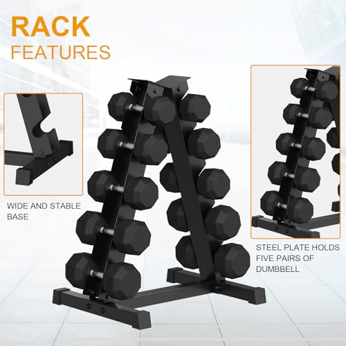GarveeLife Premium Rubber Coated Hex Dumbbell Set with Rack 350lbs Black