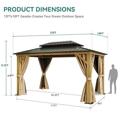 YITAHOME 10x12ft Hardtop Gazebo with Nettings and Curtains Brown