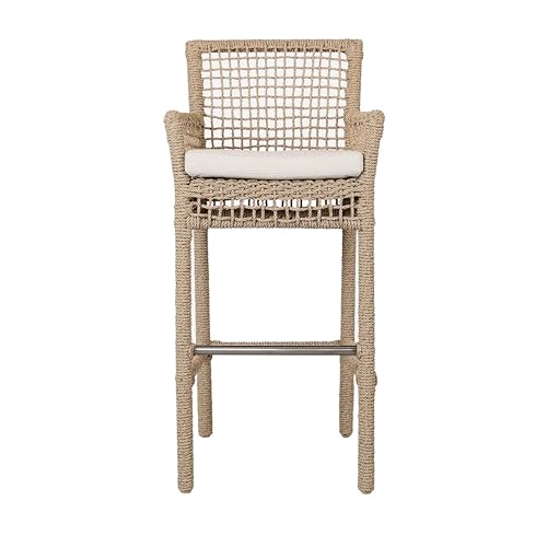 Benzara 31 Inch Outdoor Bar Stool Chair, Rope Woven, Ivory Olefin Fabric Seat, Brown