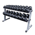Fitness Factory Rubber Coat Hex Dumbbell Set 5-50 lb with Heavy Duty 2-Tier Storage Rack Black