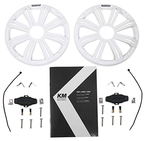 KICKER Waterproof Speakers Bundle with Marine RCA Cable, Amp Wire Kit & Mic White