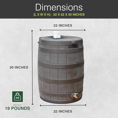 Good Ideas Rain Wizard 50 Gallon Plastic Rain Barrel Water Storage Collector with Brass Spigot, Oak