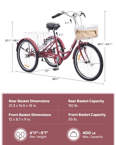 Viribus Adult Tricycle 7 Speed 24" Red