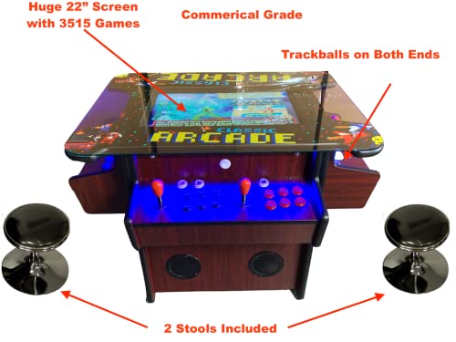 TOP US VIDEO ARCADES Full Size Commercial Grade Cocktail Arcade Machine 3515 Games 22” Screen Tempered Glass 2 Stools Included 5 Year Warranty Dark Wood