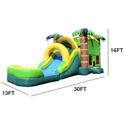 JumpOrange Commercial Inflatable Tropical Aloha Bounce House with Slide and Blower Aloha Tropical Mega 5-in-1 Wet/Dry Combo
