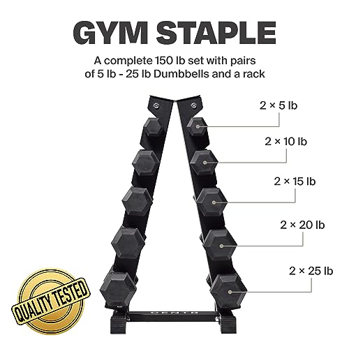 CENTR Dumbbell Weight Set with Rack - 150 Lb Rubber Hex Weight Set