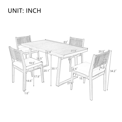 Merax Wood Outdoor Dining Table Set for 4 with Beige Cushions