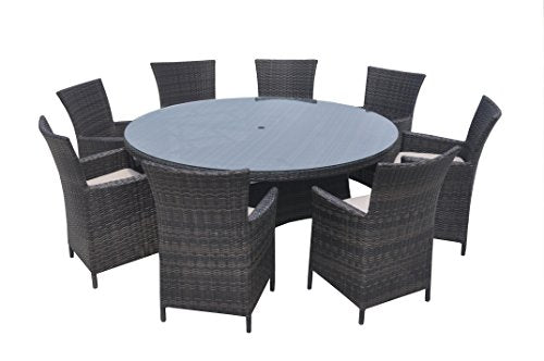 SMU 9 Piece Wicker Patio Round Dining Set Taupe