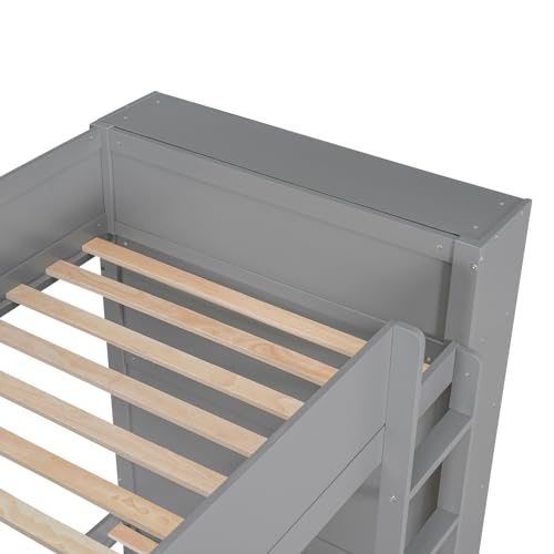 KTATK Twin Over Twin Bunk Bed with Storage Drawers and Cabinet Gray