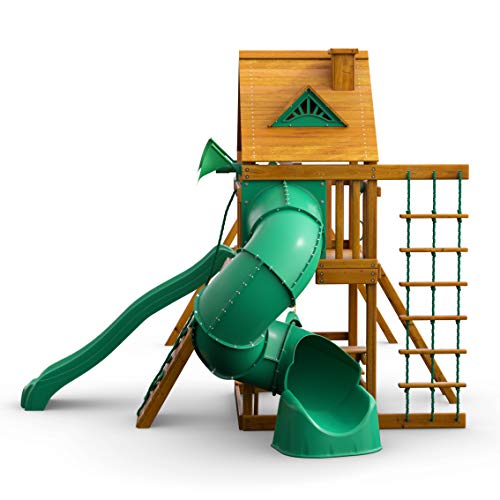 Gorilla Playsets Mountaineer Wooden Swing Set with Slides & Wood Roof Brown