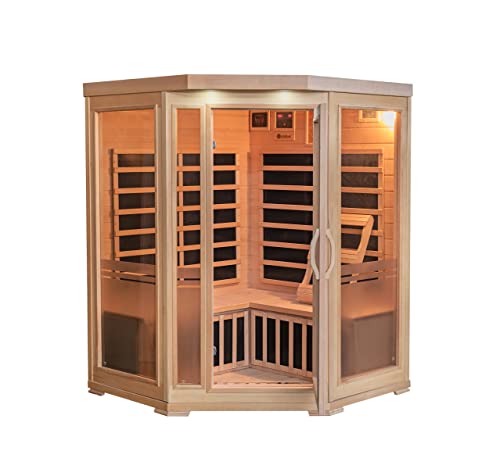 Heat Wave 3 Person Sauna Corner Fitting Infrared FIR FAR 7 Carbon Heaters Hemlock Wood MP3 Player 2 Speakers Color Therapy Light LED Control Panel Wood