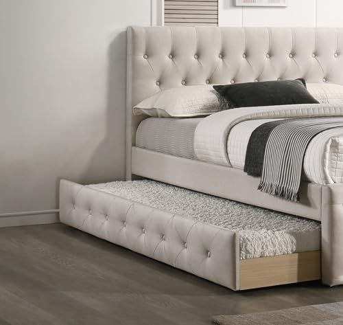 Kaimei Contemporary Twin Bed with Slatted Trundle, Tufted Headboard and Footboard Light Brown