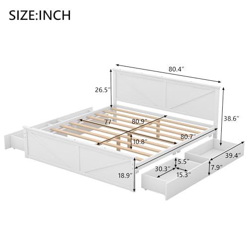 RORIGAT King Size Platform Bed with Storage Drawers White