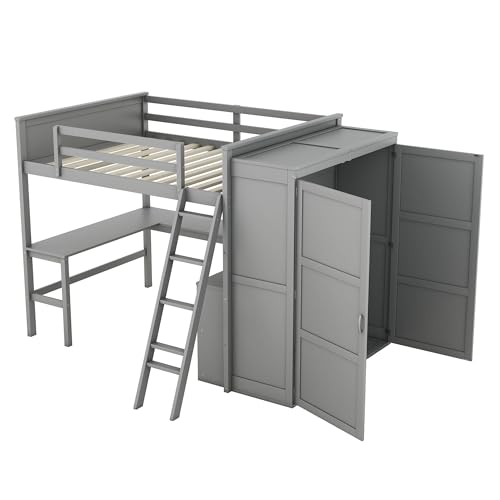 Jintop Full Over Full Bunk Bed with Storage Drawers and Cabinet Grey