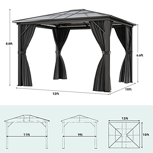YITAHOME 10x12ft Hardtop Gazebo with Netting and Curtains Aluminum Frame Gray