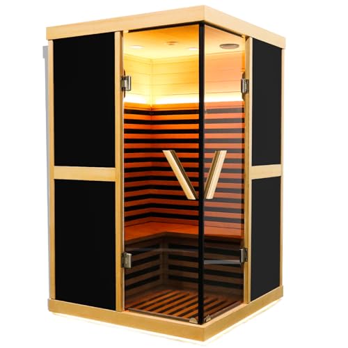 Jintop V-Shaped Infrared Sauna Room with Bluetooth & Double Glass Doors Black