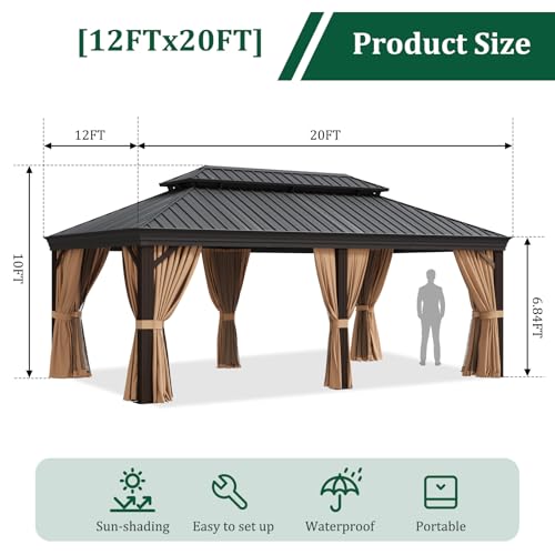 Sonegra 12' x 20' Permanent Hardtop Gazebo with Aluminum Frame and Double Roof Brown