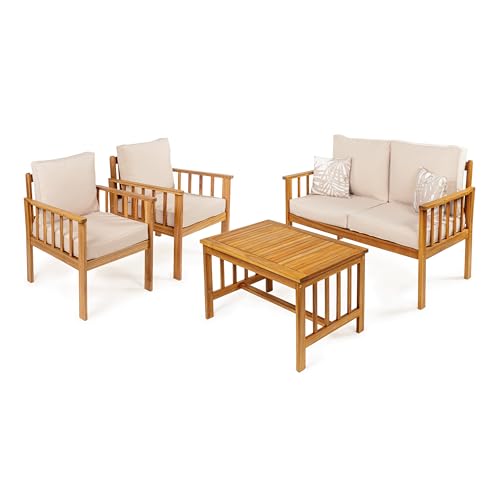 JONATHAN Y Everly 4-Piece Modern Cottage Acacia Wood Outdoor Patio Set Beige/Teak Brown