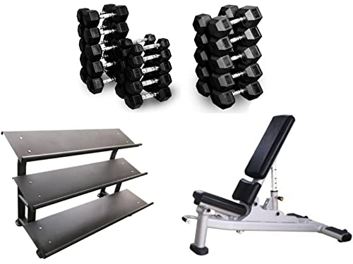French Fitness Rubber Hex Dumbbell Set with Bench + 3 Tier Dumbbell Rack (New)