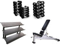 French Fitness Rubber Hex Dumbbell Set with Bench + 3 Tier Dumbbell Rack (New)