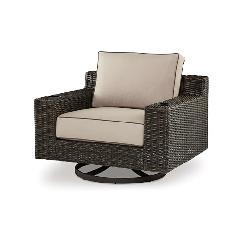Benzara 43" Waga Outdoor Swivel Lounge Chair with Cupholder Wicker Brown Beige Black
