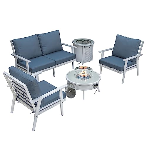 LeisureMod Walbrooke Modern Aluminum 5-Piece Patio Conversation Set with Fire Pit Navy Blue
