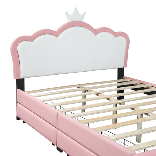 Brisca PU Upholstered Princess Bed with Crown Headboard and Storage, White+Pink