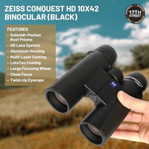 ZEISS 10x42 Conquest HD Binoculars Bundle Set for Bird Watching with Harness Strap, Camo Hat, Cleaning Cloth, Lens Wipes, and Floating Strap Black/Yellow
