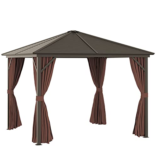 Outsunny 10' x 10' Hardtop Gazebo with Curtains and Netting Coffee Brown